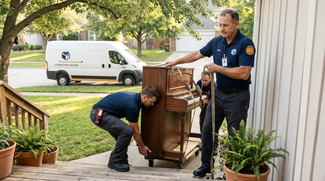 Licensed piano movers securing grand piano in Shannon, MS