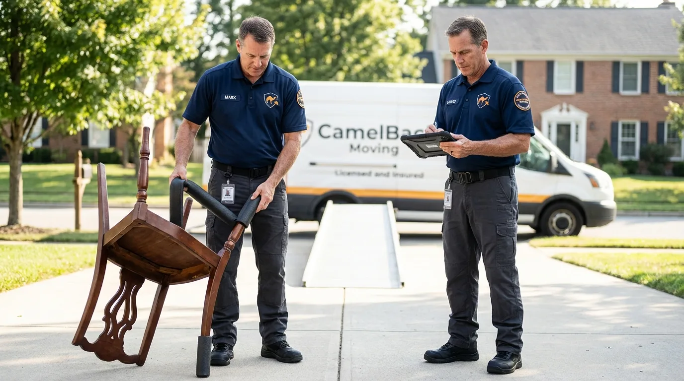 Movers inspecting furniture for damage prevention before loading in Shannon, MS