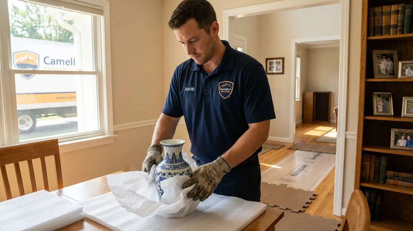 Professional crew carefully wrapping antique vase for senior downsizing move in Shannon, MS